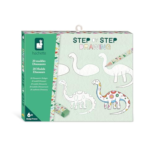 Janod - Step by Step Drawing - Zeichnen lernen - 20 Dino-Modelle - Zeichenset für Kinder - Zeichen- und Konzentrationsförderung – Ab 6 Jahren – J09154 von Janod