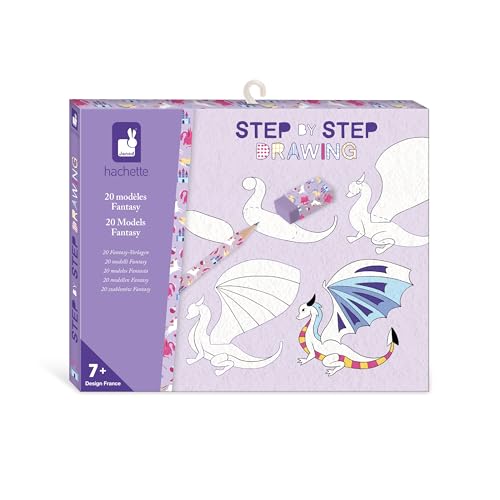 Janod - Step by Step Drawing - Zeichnen lernen - 20 Fantasy-Modelle - Zeichenset für Kinder - Zeichen- und Konzentrationsförderung – Ab 7 Jahren – J09153 von Janod