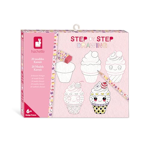 Janod - Step by Step Drawing - Zeichnen lernen - 20 Kawaii-Modelle - Zeichenset für Kinder - Zeichen- und Konzentrationsförderung – Ab 6 Jahren – J09156 von Janod