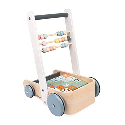 Janod - Sweet Cocoon ABC Buggy - Baby Lauflernwagen aus Holz mit 20 Alphabet Bausteinen mit Zahlen + Abakus - Farben auf Wasserbasis - Ab 1 Jahr, J04408 von Janod