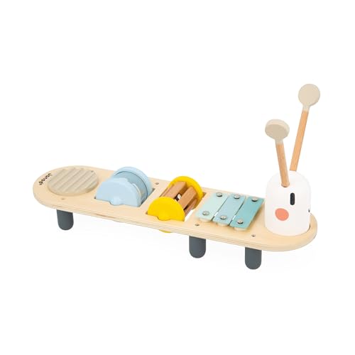 Janod Sweet Cocoon Musikbank Raupe-5 Musikaktivitäten für Kinder-Musikalische Früherziehung-Spielzeug aus FSC-Holz-Ab 12 Monaten, J04058, Multicolor von Janod