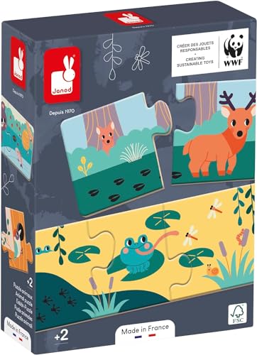 Janod Tierpuzzle mit Tierspuren-10 Puzzles mit je 3 Teilen-Lernspiel und Frühförderung-WWF-Partnerschaft-Ab 24 Monate, J08649, Mehrfarbig von Janod
