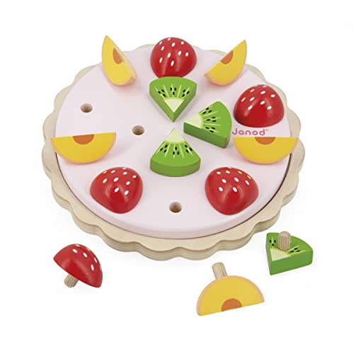 Janod Wood Fruit Tart Twist Obsttörtchen aus FSC-Holz-Rollen-und Fantasiespielzeug-15 Zubehörteile aus Holz-19 cm Durchmesser-Ab 2 Jahren, J06628, Mehrfarbig, Medium von Janod