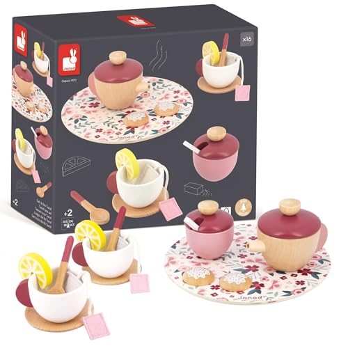 JANOD Twist Tea Set Tee-Spielset-16 Zubehörteile Filz-Rollenspiel-Teeservice für Kinder-Spielzeug aus FSC-Holz-Ab 2 Jahren, J06631, Rosa/Bordeaux, 18,9 x 18,9 x 9 von Janod