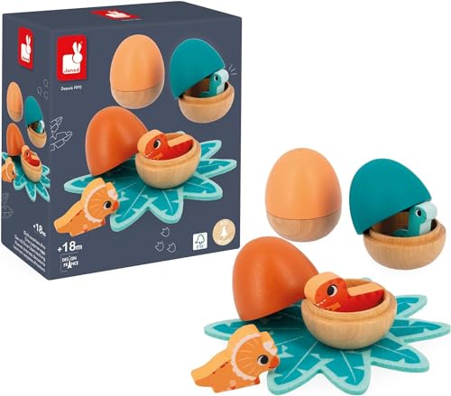 Janod Überraschung-3 Eier mit Versteckten Dino-Babys-Einfaches Öffnen-Spielzeug aus FSC-Holz-Ab 18 Monate, J05834, Mehrfarbig, M von Janod