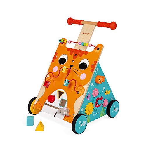 Janod Wooden Activity Baby Walker Cat - Push Along Toy with Brake and Height Adjustable Handle - First Steps, Learning to Walk - From 12 Months Old, J08005 von Janod