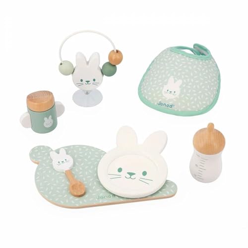 Janod Hase Zen Fütter-Set-7 Puppen-Accessoires-Rollenspielzeug-Spielzeug aus FSC-Holz und Stoff-Ab 24 Monate, J06629, Grün, S von Janod