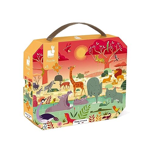 Janod - Puzzle für Kinder Tierreservat, 54 Teile - Lernspiel - fördert Feinmotorik und Konzentration - Koffer mit Griff - FSC-zertifiziert - Ab 5 Jahren, J02650, Weiß von Janod