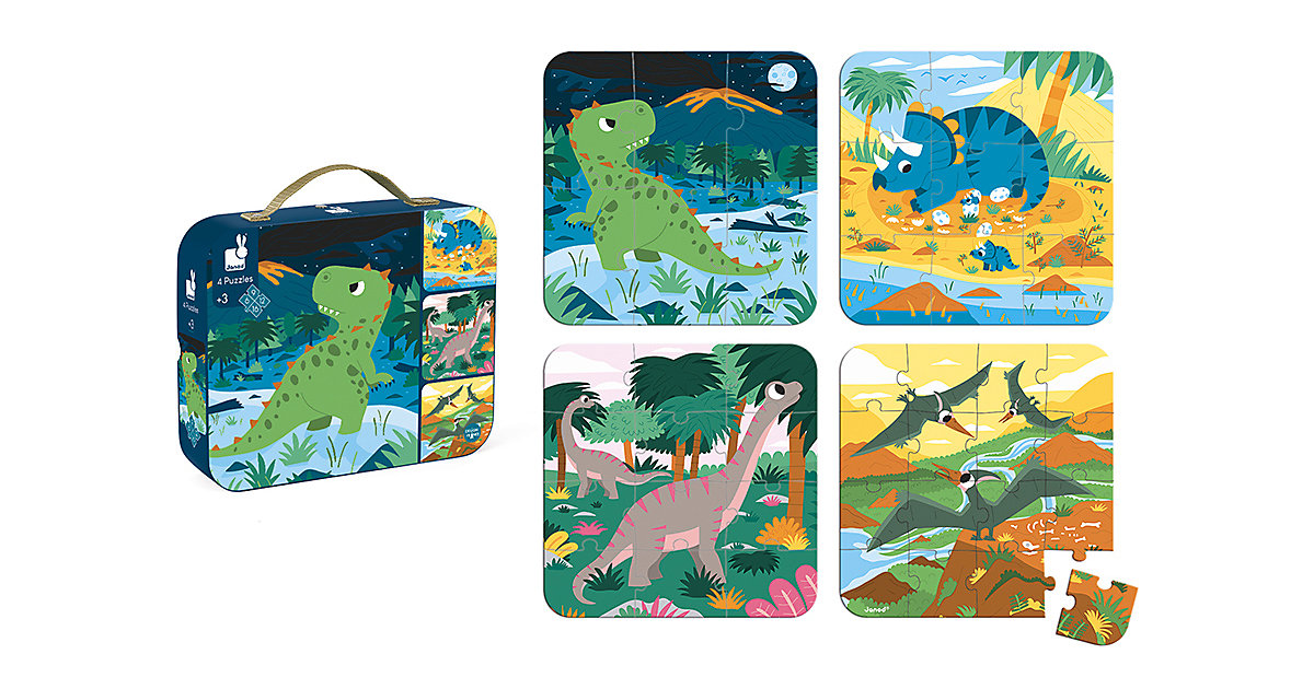 Puzzles Dinosaurier 4 Motive, 6-9-12-16 Teile von Janod