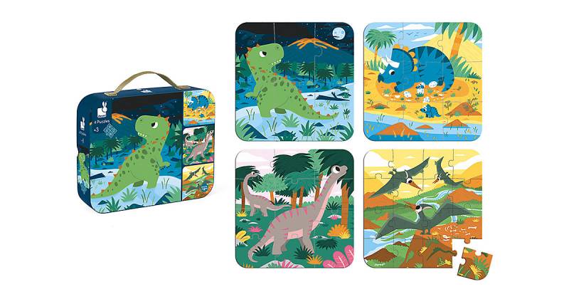 Puzzles Dinosaurier 4 Motive, 6-9-12-16 Teile von Janod