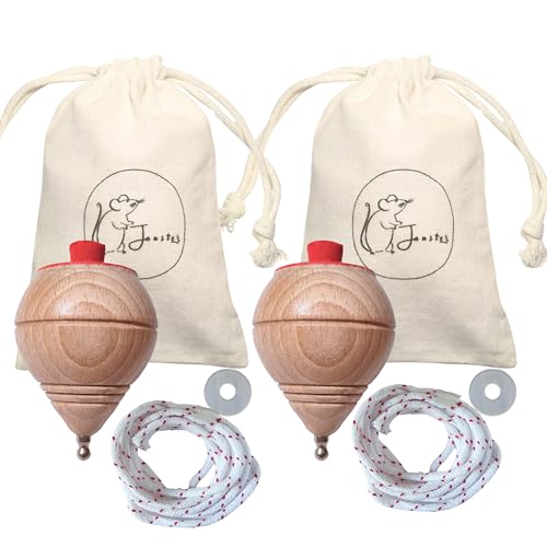 Janster® Kreisel aus Holz, Set mit 2 Kreiseln für Kinder + Scheiben, Taschen und Seile | Traditionelle Holztropfen – klassische Trompen für Kinder und Erwachsene, runde Metallspitze von Janster