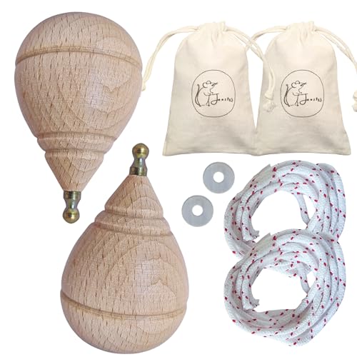 Janster® Packung mit 2 kleinen Trompen aus Buchenholz, mit Seilen, Unterlegscheiben und Geschenktasche, Handset für Mädchen und Erwachsene mit Metallspitze, 2 klassische Kreisel aus Holz (Packung mit von Janster