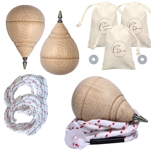 Janster Packung mit 3 kleinen Holz-Trompes und Ballospitze, mit Geschenktaschen, Handset für Mädchen mit Metallspitze, 3 klassische Kreisel aus Holz mit Schnur und Unterlegscheibe von Janster