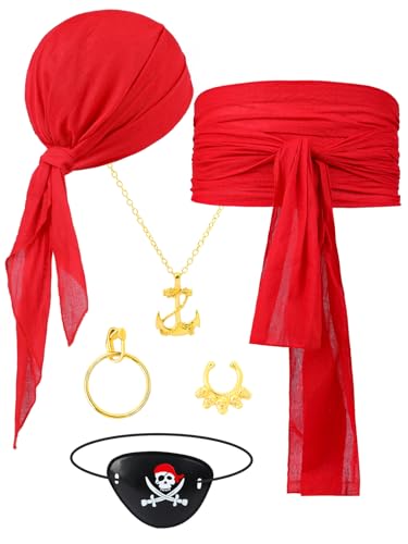 Jansun Piratenkostüm-Zubehör, Mütze, Kopftuch, Schärpe, Gürtel, Taillen-Bandana, 2 Stück, Rot/Ausflug, einfarbig (Getaway Solids), Different Size von Jansun