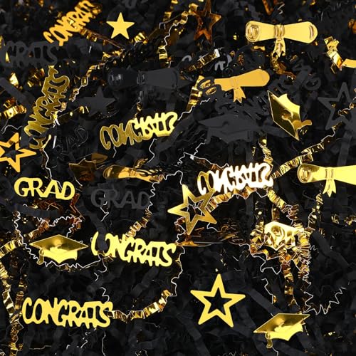 Jansun Schwarz-goldenes Knisterschnitt-Papier, 115 g, Shred-Füllstoff mit schwarz-goldener Graduaiton-Kappe, Diplom, Congrats Grad, Konfetti für Geschenkverpackungen, Basteln, Korbfüllung, Urlaub, von Jansun