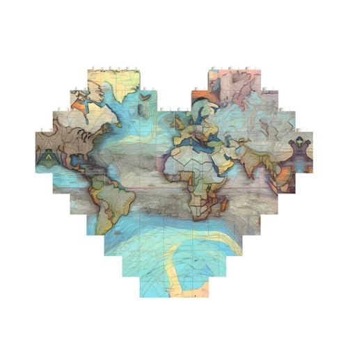 Cartoon Weltkarte Druck Baustein Block Puzzle Herzform â für Valentinstag, Geburtstag, Hochzeit von JaoXer