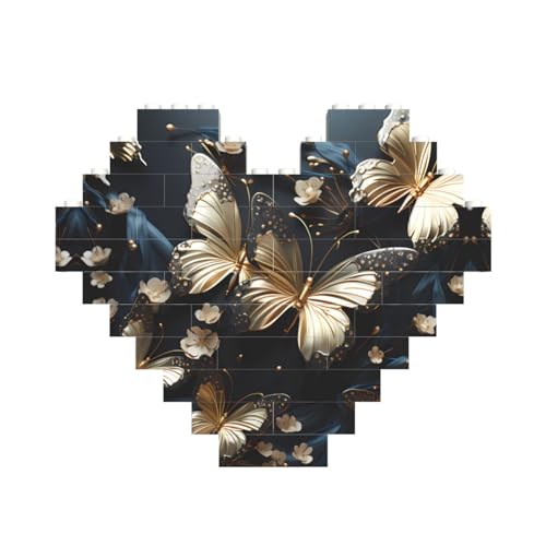 Goldfarbene weiße Schmetterlinge, schwarzer Druck, Baustein-Puzzle, Herzform, für Valentinstag, Geburtstag, Hochzeit von JaoXer