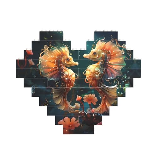 Wunderschönes Seepferdchen-Paar-Druck-Baustein-Puzzle in Herzform für Valentinstag, Geburtstag, Hochzeit von JaoXer