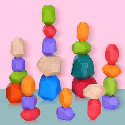 Japace Balanciersteine Holz Stapeln Spielzeug, 24 Stück Montessori Holzspielzeug Farbiger Meditations Balancier Steine Stapelspiel Sortier und Stapelspielzeug für Kinder Baby von Japace