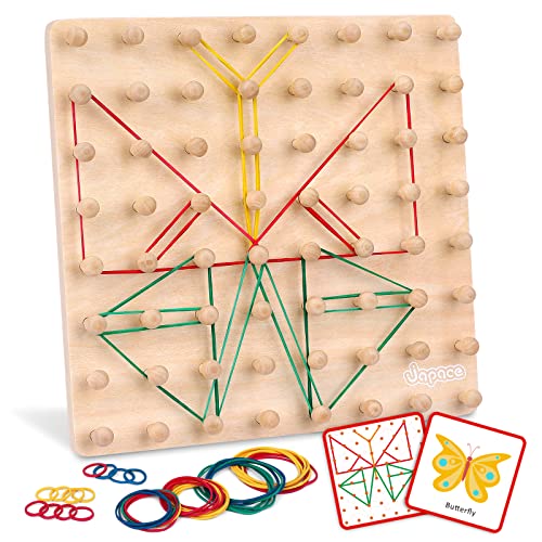Japace Geoboard Holz, Montessori Spielzeug ab 4 5 6 Jahre, Forme Unzählige Figuren auf Dem Board-32 Musterkarten und 50 Gummibänder, Motorikspielzeug Lernspielzeug für Kinder Geschenk Jungen Mädchen von Japace