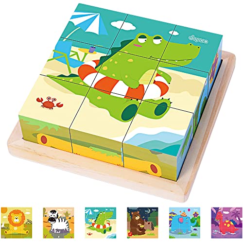 Japace Würfelpuzzle, 3D Bildwürfel Puzzle Spiele 6 in 1 Tier-Motive Holzpuzzle für Kinder ab 1 2 3 4 Jahre, Montessori Lernspielzeug Geschenk für Jungen und Mädchen von Japace