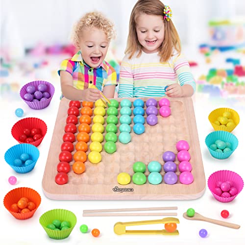 Japace Holz Clip Beads Brettspiel, Montessori Spielzeug ab 2 3 4 Jahre,Pädagogisches Spiele Regenbogen Puzzle Vorschule Lernspiele Holzspielzeug Geschenk für Kinder Mädchen Jungen von Japace