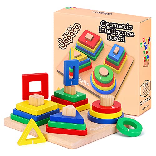 Japace Holz Montessori Spielzeug ab 1 2 3 Jahr, Holz Sortier Stapelspielzeug Steckpuzzle für 12+ Monate, Geometrische Baukasten Steckspiel Holzpuzzles Formen und Farben Lernspielzeug für Kleinkinder von Japace