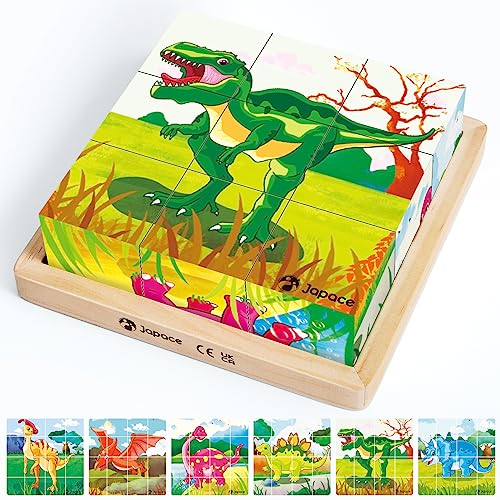 Japace Würfelpuzzle Holz, Bilderwürfel 3D Kinder Holzpuzzle ab 2 3 4 Jahre, Puzzlespiele 6 in 1 Dinosaurier-Motive mit 9 Würfel Holzspielzeug, Montessori Lernspielzeug für Jungen und Mädchen von Japace