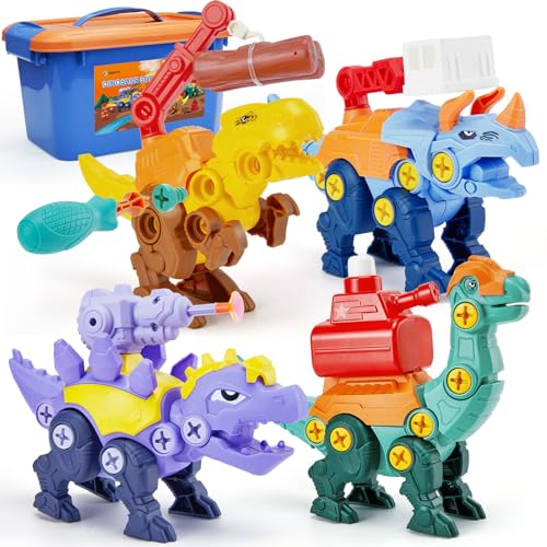 Japace Dinosaurier Spielzeug ab 3 4 5 6 Jahre, 4 Montage Dino Figuren Feuerwehr Spiel mit Schraubendreher, Dinosaur Geschenke für 3 4 5 6 7 Jungen Mädchen von Japace