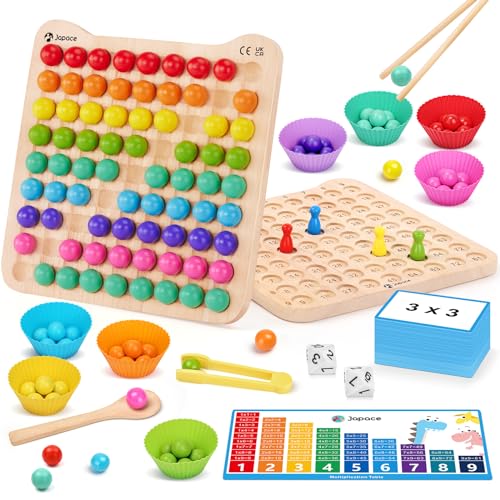 Japace Montessori Spielzeug ab 3 4 5 Jahre, Holz Clip Perlen Brettspiel Kinder Feinmotorik Sortier Spiel, Holzspielzeug Multiplikationsbrett Mathe Lern Spiele ab 3 4 5 6 7 Jahre von Japace