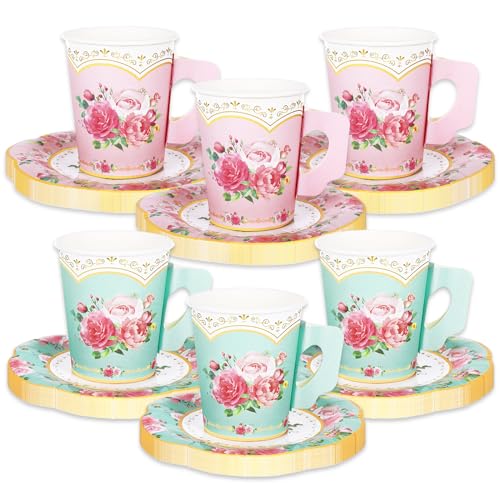 JarThenaAMCS 24 Sets Teeparty-Dekorationen, 24 x 266 ml, mintgrün-rosa Blumen-Papier-Teetassen mit Griff und 24 Teller à 14 cm, für Frühlingstee, Party-Geschirr JarThenaAMCS 24 Sets Teeparty-Dekorationen, 24 x 266 ml, mintgrün-rosa Blumen-Papier-Teetassen mit Griff und 24 Teller à 14 cm, für Frühlingstee, Party-Geschirr von JarThenaAMCS