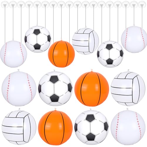 JarThenaAMCS Aufblasbare Sport-Strandbälle, Ornamente mit Seil zum Aufhängen und Haken, für Geburtstag, Sport, Motto-Party, Gastgeschenke, Dekoration (Basketball, Fußball, Baseball, Volleyball), 12 von JarThenaAMCS