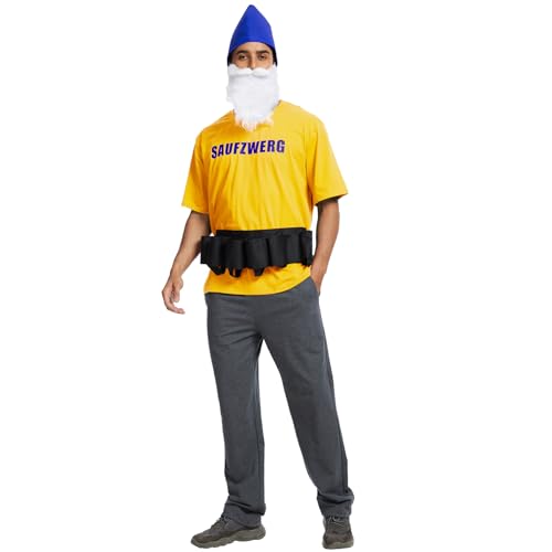 JasGood Cosplay Kostüm Zwerg Kostüm mit T-Shirt, Bart, Hut und Wasit Tasche, Mens Zwerg Erwachsene Kostüm, Bier Kostüm Karneval Kostüme von JasGood