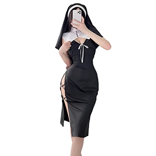 JasmyGirls Cosplay Dessous Sexy Nonne Kostüm Freches Anime Teufel Rollenspiel Dienstm?dchen Outfit Halloween Goth High Slit Dress Up Nachthemden von JasmyGirls