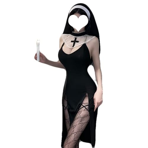 JasmyGirls Nonne Kostüm Sexy Cosplay Dessous Halloween Anime Maid Outfit Goth Devil Roleplay Naughty Succubus High Slit Dress Up von JasmyGirls