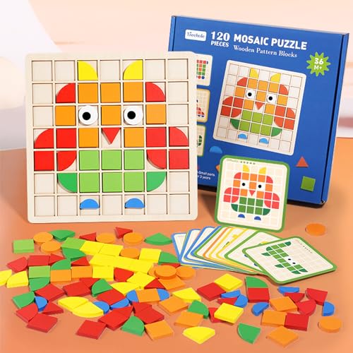 Jastown 120pcs Kreative Mosaik-Puzzle,Hölzerne Muster Blöcke Set,Form Matching Game,Montessori Spielzeug ab 3 4 5 6 Jahre,Tangram Kinder,Sensorische Feinmotorik Konzentrationsspiele Lernspiele von Jastown