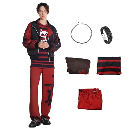 Jaugola Zombies-Kostüm für Erwachsene, Punk-Jacke, T-Shirt, Hose, Halskette, Armband, Halloween, Party, Morgendämmerung, Vampir-Outfit, Rot, Rot/Ausflug, einfarbig (Getaway Solids), 3XL von Jaugola