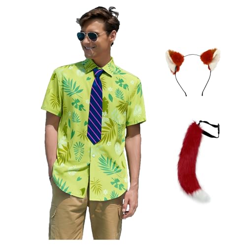 Nick Wilde Herren-Kostüm, Hemd, Krawatte, Plüsch, Ohrenschwanz, Hawaii-bedrucktes T-Shirt, Halloween-Party, Fuchs-Outfit, Grün , L von Jaugola
