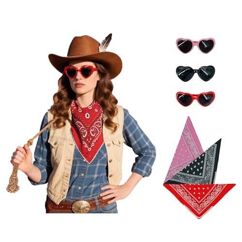Western-Bandana, Schal, Rot, Schwarz, Rosa, Strass, Paisleymuster, Herz-Brille, Halloween, Cowgirl-Outfit, Zubehör, 3 Stück von Jaugola