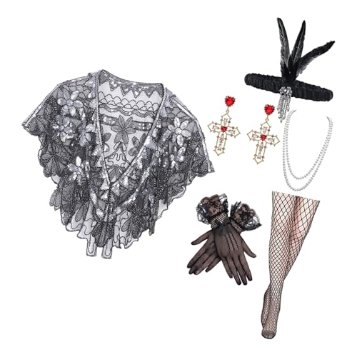 Javoryxh Elegantes 20er-Jahre-Party-Outfit-Set mit Pailletten-Abendschal, Kopfbedeckung und Flapper-Accessoires für Damen von Javoryxh