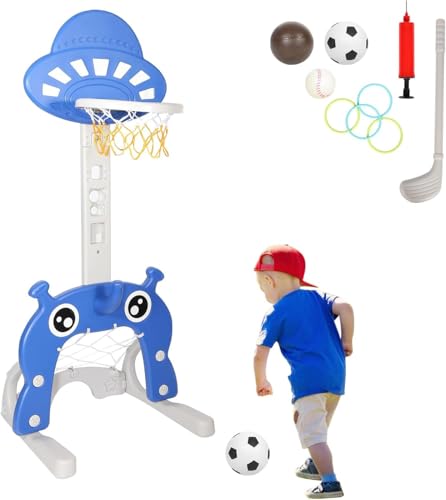 Jaxguom 4 in 1 Kinder Basketballkorb Set, Basketballkorb Indoor Kinder, Höhenverstellbarer Basketballständer, Fußballtor & Wurfspiel für Kleinkinder von Jaxguom