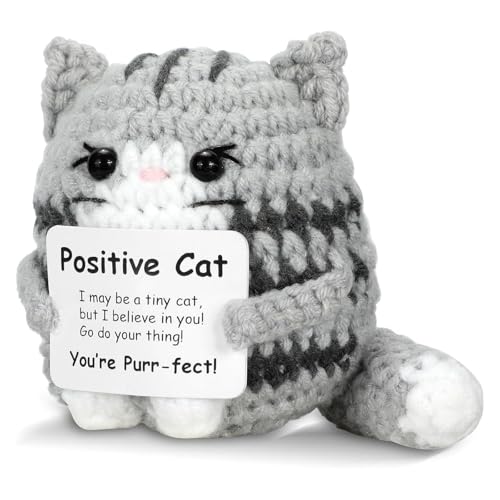 1 Stück Positive Gehäkelter Katzen-Mini-Tier, Emotionaler Support-Geschenk, Inspirierende Handgemachte Strickpuppe, Kleine graue Katze, Motivierendes Häkel-Geschenk für Frauen, Studenten, Bürodekorati von JazRvr