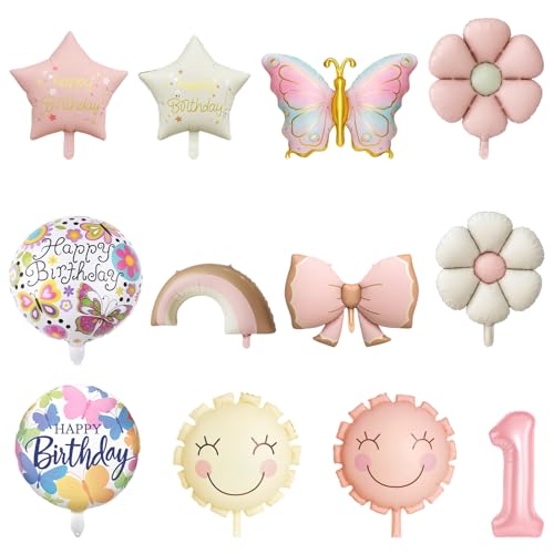 12-teiliges Geburtstagsballon-Set für Mädchen, 1. Geburtstag Deko mit Schmetterling, Gänseblümchen und Regenbogen, perfekt für Kindergeburtstagsfeiern und Fotoshootings von JazRvr