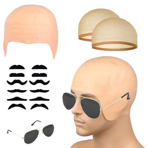 JazRvr Glatzenkappe, 16-teiliges Set für realistische Verkleidung, Inklusive Glatze, Sonnenbrille und 12 Schnurrbärte, Ideal für Halloween und Rollenspiele, Elastisch und bequem für Erwachsene JazRvr Glatzenkappe, 16-teiliges Set für realistische Verkleidung, Inklusive Glatze, Sonnenbrille und 12 Schnurrbärte, Ideal für Halloween und Rollenspiele, Elastisch und bequem für Erwachsene von JazRvr