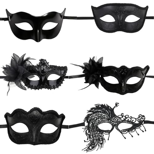 JazRvr 6 Stück Venezianische Maske Herren, Maskenball Kostüm Set für Karneval, Halloween, Maskerade, Verkleidung, 6 Stück Masken Gesicht mit Seitenschmuck, Elegante Schwarz und Blumenmuster von JazRvr