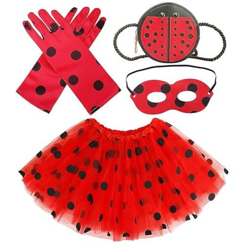 JazRvr Ladybug Kostüm Mädchen 4-teiliges Set, Lady Bug Kostüm Kinder für Halloween, Karneval, Geburtstagsparty, Rollenspiele, Marienkäfer Zubehör mit Tasche, Handschuhen, Rock und Maske JazRvr Ladybug Kostüm Mädchen 4-teiliges Set, Lady Bug Kostüm Kinder für Halloween, Karneval, Geburtstagsparty, Rollenspiele, Marienkäfer Zubehör mit Tasche, Handschuhen, Rock und Maske von JazRvr