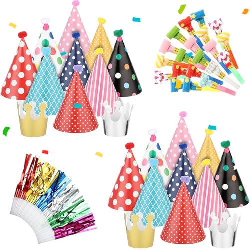 JazRvr Partyhüte, 50 Stück Set mit Pompons und Lufttröten, Für Kindergeburtstag und Familienfeiern, Leicht und wiederverwendbar, Ideal für kreative Dekorationen von JazRvr