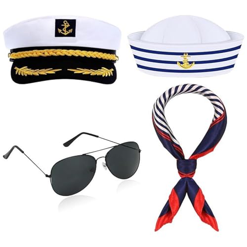 Kapitän Kostüm Set, 4-teiliges Kapitänsmütze Matrosenmütze Accessoire für Nautische Themenpartys, Karneval und Rollenspiele, Inklusive Schal und Sonnenbrille, Unisex für Erwachsene und Jugendliche Kapitän Kostüm Set, 4-teiliges Kapitänsmütze Matrosenmütze Accessoire für Nautische Themenpartys, Karneval und Rollenspiele, Inklusive Schal und Sonnenbrille, Unisex für Erwachsene und Jugendliche von JazRvr
