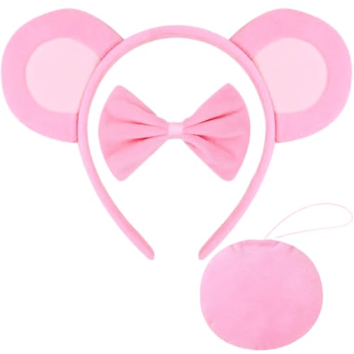 JazSwirl Bärenohren und Schwanz, 3-teiliges süßes Bärenohren-Haarband mit Fliege und Schwanz für Erwachsene, Plüschbär-Ohren für Halloween, Cosplay, Rosa von JazSwirl