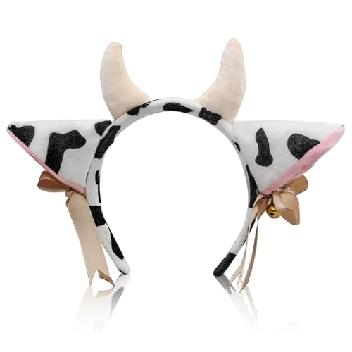 JazSwirl Kuhohren Stirnband, Plüsch Kuh Stirnband für Erwachsene Halloween Kuh Kostüm Ohren Stirnbänder Kuh Ohren Kuh Hörner Stirnbänder (Glocke, Schwarz Weiß) von JazSwirl